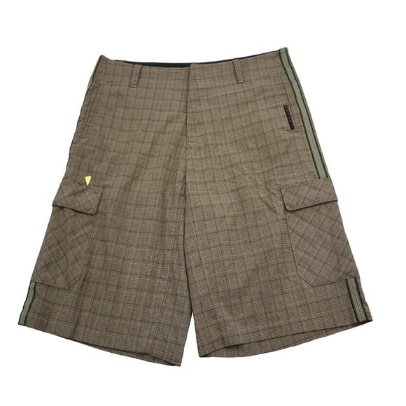 Red Button Shorts Mens 36W Brown Plaid High Waist Flat Front Cargo Bottoms - Picture 1 of 16